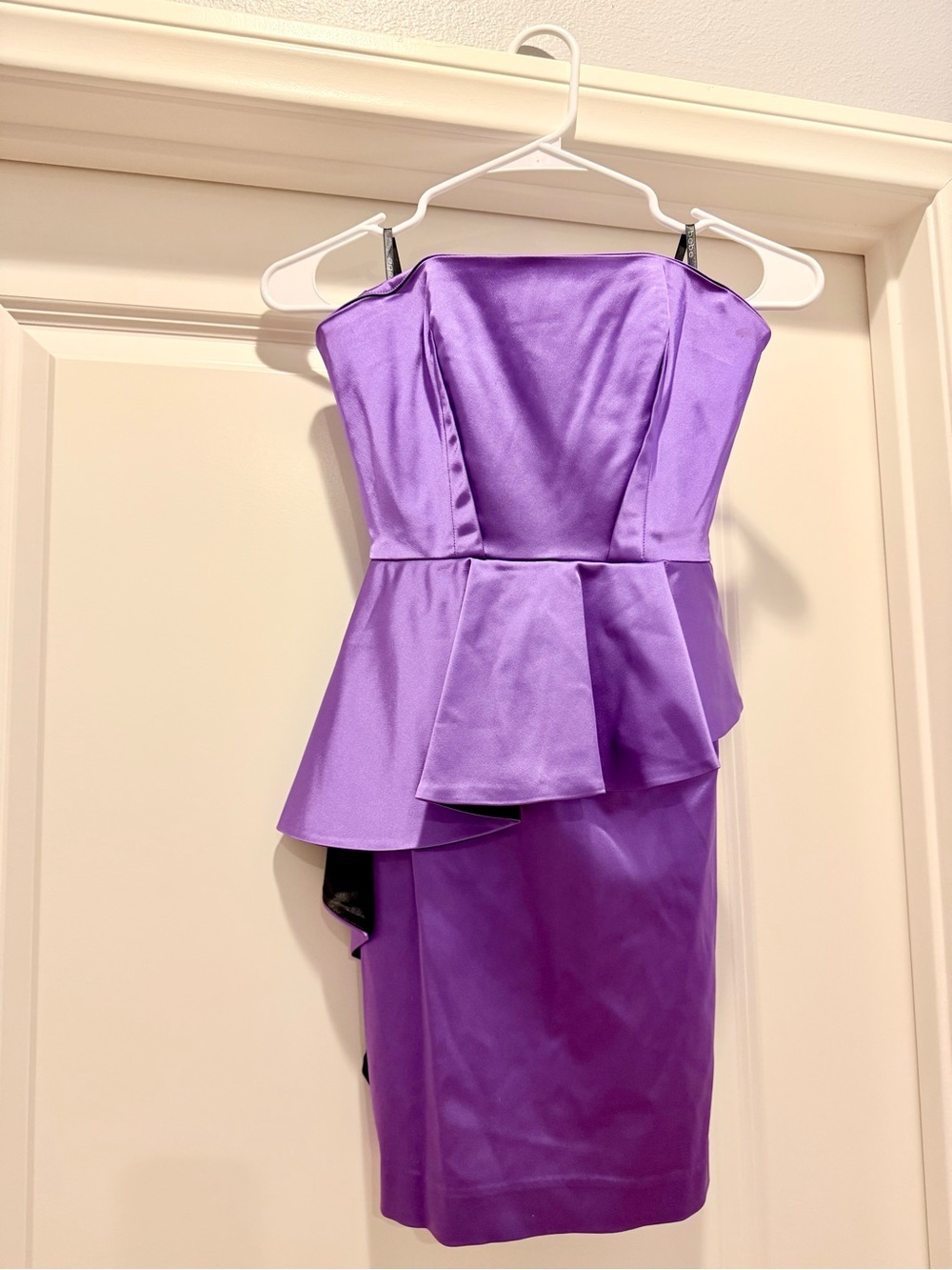 Bebe XXS Purple Satin Strapless Peplum Ruffle Cocktail Dress Y2K
